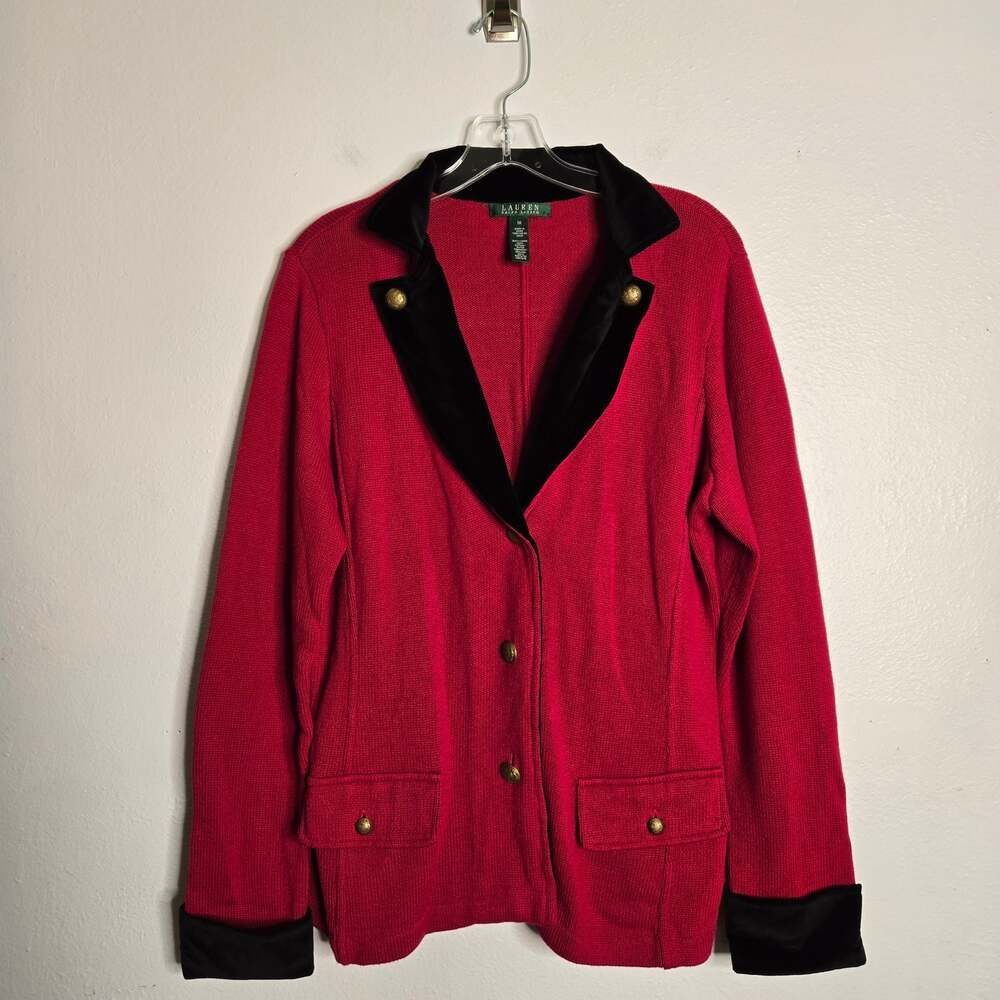 Ralph Lauren Equestrian Velvet Trim Knit Cardigan Red Black 1X Crest Gold Button